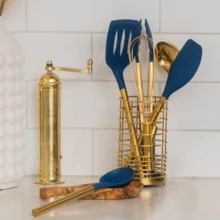 Gold And Navy Blue Kitchen Utensils Set - 7-Piece Silicone Cooking Tools For Nonstick Cookware With Utensil Holder - Stylish Cooking Gifts For Modern Kitchens - 藍色 - 查看 5