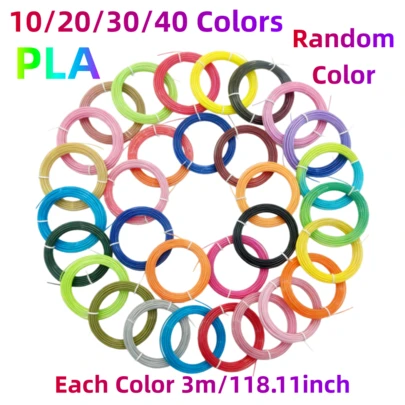 10/20/30/40色3D打印笔PLA耗材，1.75mm，每色3米/118.11英寸，总长30-120米，适用于3D打印机和3D打印笔的顺滑打印耗材，颜色随机，可用于DIY艺术工艺品礼品，用3D打印笔绘制3D立体艺术作品，DIY您喜爱的小型工艺品和可爱的动物模型，多色套装PLA耗材