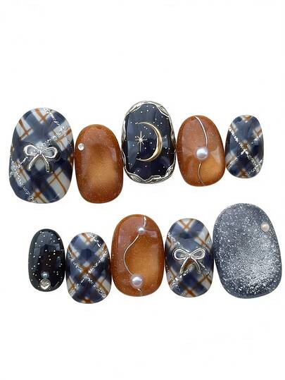 10pcs Handmade Medium-Length Oval Nail Stickers, Blue, Brown, White, Black Cat Eye Texture Plaid Patterns, Cute Y2K Style, Suitable For Spring, Summer, Autumn, Winter, Holidays, Daily Wear, Gentle Shimmering Fashion For Women And Girls Handmade Press On Nails