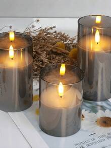 3 Flameless LED Candles, Tabletop Decorative Lights, Flashing LED Column Candles, Battery-Powered Electronic Candles, Artificial Candles, Centerpieces For The Table, Wedding Decorations, Holiday Party Decorations, Mother's Day & Independence Day Decorations - Grey - View 3