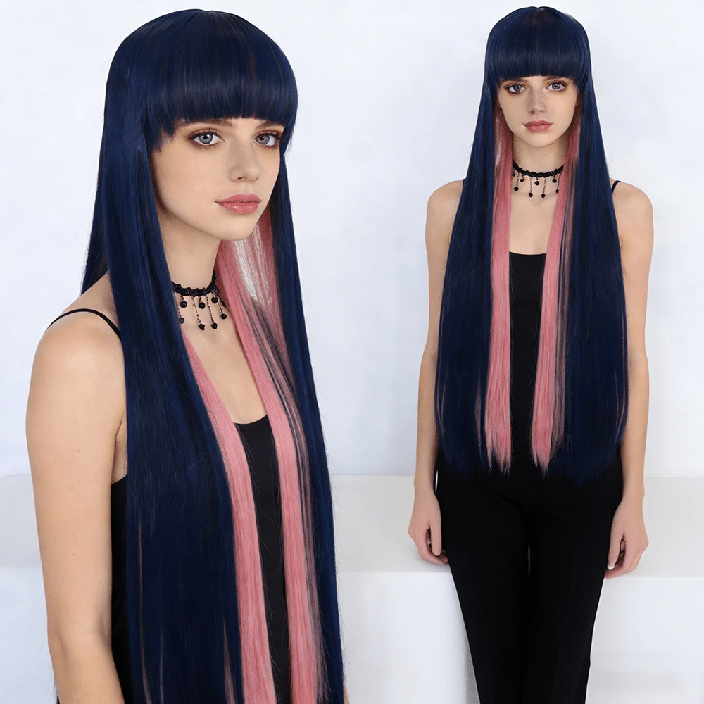 顺滑直刘海长假发，海军蓝和粉色双色高温纤维女士假发，耐热时尚，适合E-Girl风格和动漫角色扮演，完美适用于漫展、音乐节和日常佩戴，吸睛又上镜。 - 拼色 - 查看 1