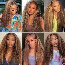 36 Inch Deep Wave Highlight Ombre Lace Front Wigs Human Hair 250% Density Deep Curly Human Hair Wig Pre Plucked P4/27 Ombre HD Lace Frontal Wigs With Baby Hair For Women Graduation Season Hairstyles - SP4/27 - 查看 7