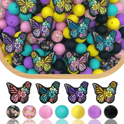 25/54/64颗花卉蝴蝶硅胶珠套装 - 粉色、黄色、绿色、紫色蝴蝶形状珠子，带有花卉图案 - 适合DIY手工制作，例如钥匙扣、项链、手链、装饰笔、珠宝和吊坠 - 非常适合作为节日和生日礼物
