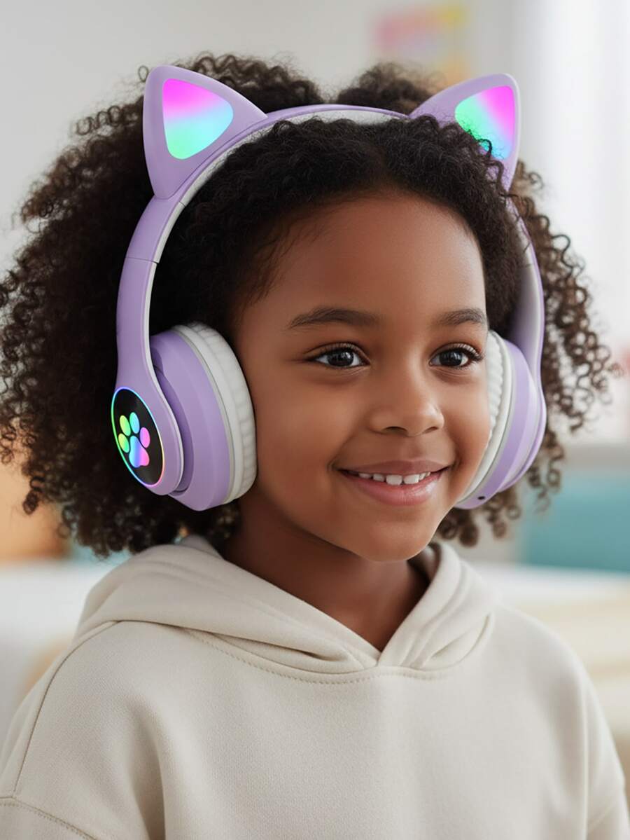 Cat Ear RGB Wireless Gaming Headset For Teens & Kids - Bluetooth 5.3, 40H Playtime, Hi-Fi Sound & Foldable Design With LED Lights. Adorable Cute Headphones Perfect For Gaming, Music, School & As A Gift For Girls And Boys. - Màu tím hoa cà - Xem 1