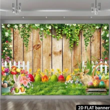 2D flach, 1 Stück großes Frühlings-Ostern Holz Wandhintergrund Banner, Makaron-Farben Blumen Oster-Hase, Eier, Küken, Gänseblümchen, Makaron Rosa, Gelb, Grün, geeignet für Feiertags-Party Dekoration, Feier Hintergrund, Mehrzweck Dekoration, Feiertags-Geschenk, Polyestermaterial, ohne Strombedarf - Verschiedenfarbig - Übersicht 4