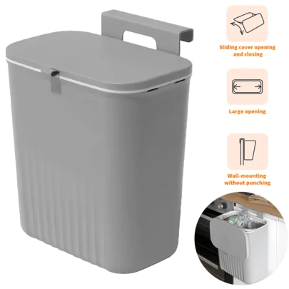 9L Kitchen Bin Foldable Hanging Trash Bin With Lid Food Waste Caddy Rubbish Dustbin Wall-Mounted Cupboard Garbage Bin For Under Sink Under Sink Cupboard Door Kitchen Cabinet Camping Bathroom Bedroom Grey
