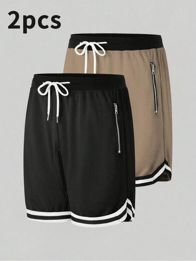 2pcs Men's Casual Sports Shorts, Zipper Pockets, Fitness Apparel, Drawstring Waist, Basketball Shorts, Elastic Lightweight Athletic Pants, Suitable For Basketball, Baseball, Fitness, Running, Training, Outdoor Activities, Father's Day Gift
