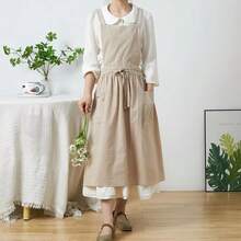 女士亚麻围裙，腰部可调节，轻便柔软，带口袋，适合园艺 - 彩色 - 查看 7