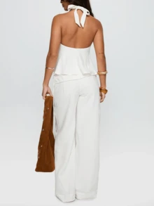 Women Y2K Tie-Up Waist Pants Low Rise Striped Wide Leg Relaxed Fit Palazzo Trousers Casual Lounge Pants Streetwear - 白色 - 查看 7