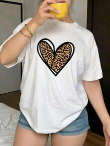 Camiseta para el Día de San Valentín, una camiseta de manga corta holgada y casual para mujer, con estampado de corazón de leopardo y diseño de corazón, moda femenina para el Día de San Valentín, adecuada para salir, para la calle, para hacer deporte, ropa de verano para mujer, fácil de combinar - Blanco 7 - Ver 8