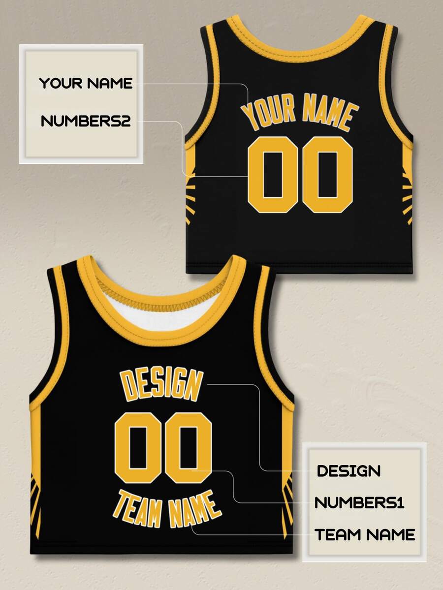 Customizable Fashion Urban Style Basketball Sports Crop Top, With Name And Number, Black, Summer Style