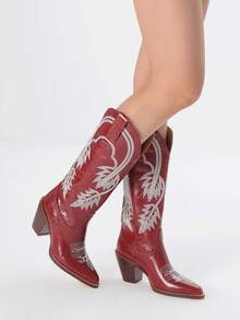 Women Western Cowboy Boots Cowgirl Boots Embroidered Mid Calf Boots Block Heel Pull On Spring Summer - 酒紅色 - 查看 4