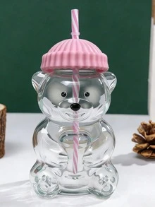 1个熊形玻璃吸管杯，带盖，透明，高档果汁/冷饮/咖啡杯，居家/办公情人节礼物 - 彩色 - 查看 15