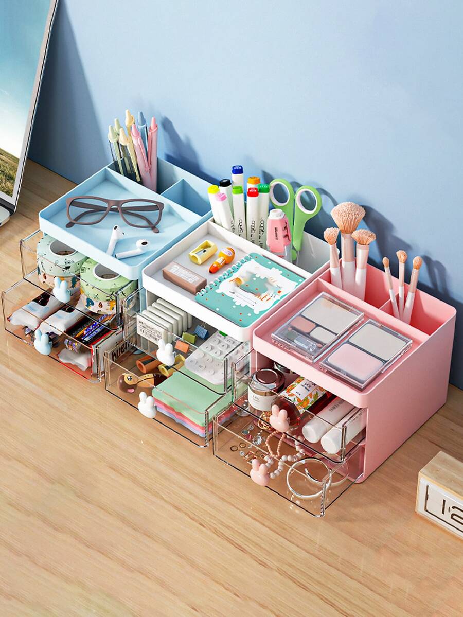 1pc Large Capacity White/Pink/Blue Desktop Storage Box, Multifunctional Rabbit Design, Suitable For Room, Home, Bedroom, Bathroom, House, Pink Room, Living Room Decor, Travel Supplies, Gift Bag, Gift For Mom, Dad, Men, Friends, Teachers, Birthday, Wedding, Desktop, Shelf, Accessories, Gift Box, Fun Gift, Storage - Multicolor - View 1