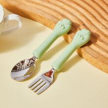 1 Set Of 2 Cat Paw Shaped Silicone & Stainless Steel Fork & Spoon Set, Baby Self-Feeding Training Cutlery, Children Tableware Spoon - Multicolor - View 8