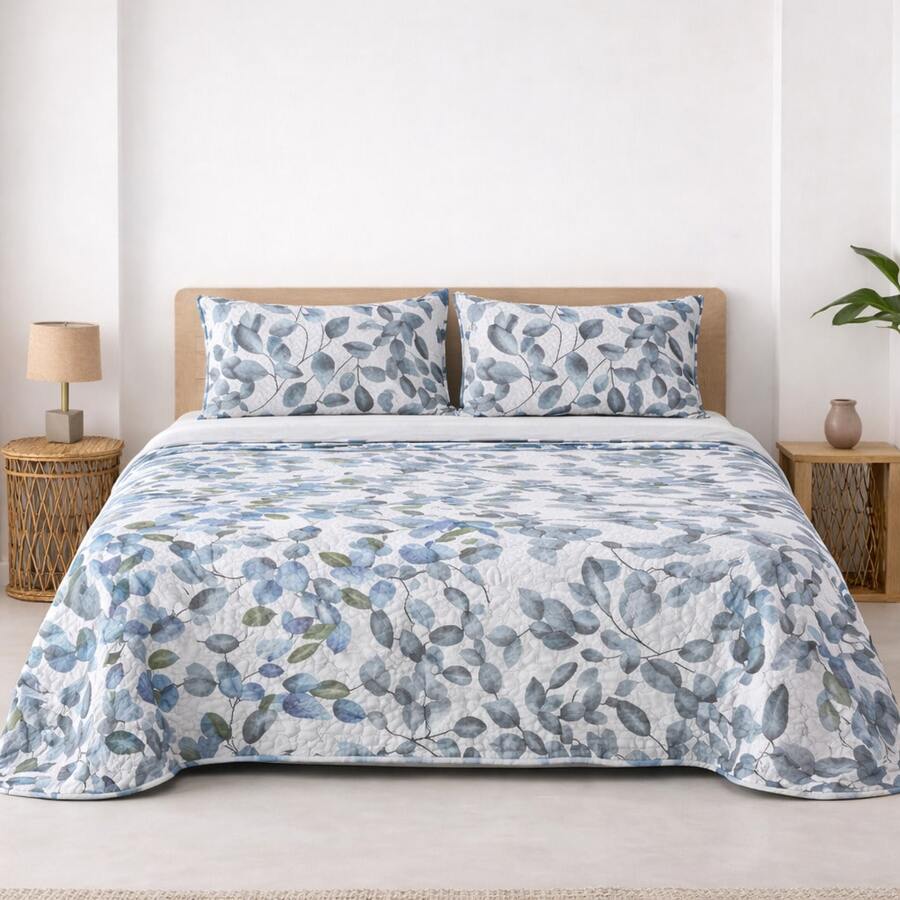 Colcha bouti para Verano y Entretiempo, Colcha para Cama 100% Poliester en Diseño Liso o Estampado, Colcha Cubre Cama Fina para Cama 90/105/135/150/180cm, Suave, Blanco con Funda de Cojín 45x70cm. Entrega a España en 3-5 días. - Multihojas GrisVerde - Ver 1