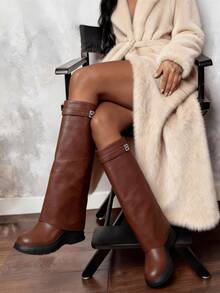 Women's Fold Over Shark Boots Pointy Pull-On Wide Calf Boots Shark Padlock Nightclub Elegant Luxury Fashion WInter Fall Shoes - 棕色 - 查看 1