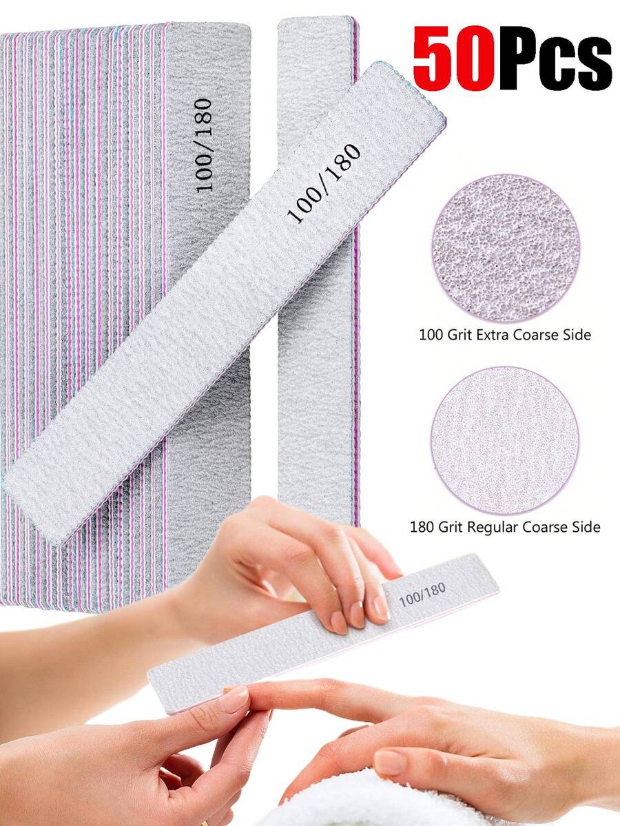 50支装指甲锉，100/180目双面砂纸锉，专业可重复使用可水洗美甲工具，适用于亚克力、凝胶、天然指甲，家用及美甲沙龙均可使用，灰色 - 彩色 - 查看 1