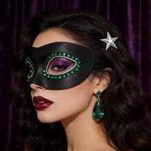 1pc Women's Halloween Carnival Music Festival Wedding Party Rhinestone Leather Mask - Black - View 4