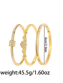 3/1pc - Luxurious And Stylish Combination Of A Stainless Steel Gold-Plated Bracelet And A Copper Wristband. It Is Not Easy To Fade And Comes In A Simple Combination Of Zirconia-Set, Floral, And Geometric Patterns. It Is A Sophisticated And Elegant Choice To Add A Finishing Touch To Your Outfit. - Gold - View 2