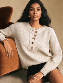 Jersey de punto acanalado con cuello henley (Opciones de multicolor) - Albaricoque - Ver 1