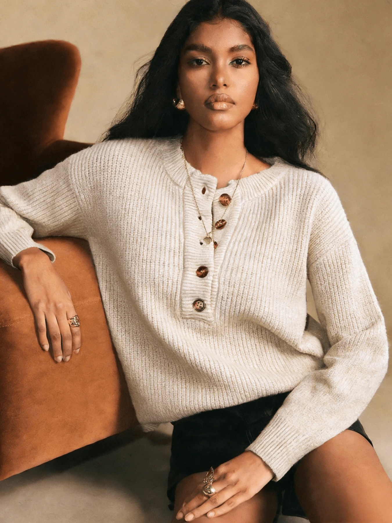 Jersey de punto acanalado con cuello henley (Opciones de multicolor) - Albaricoque - Ver 1