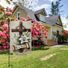 Oster-Kreuz doppelseitige Gartenflagge - Lilien religiöse Frühlings-Gartendekoration für Outdoor, Polyester für Veranda, Rasen, Terrasse, Feiertags-Dekoration windundurchlässig & wasserfest, Fahnenmast nicht enthalten Büro Schreibtischzubehör Bürozubehör Büromaterial Bürodekoration - A - Übersicht 2