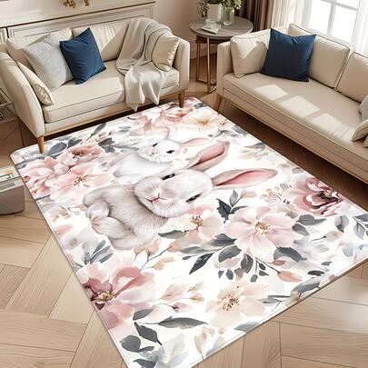 1pc Easter Bunny & Egg With Light Floral Print Decorative Carpet, Suitable For Living Room Carpet, Rug, Living Room Area Rug, Area Small Rug, Mat, Home Decor, Large Living Room Carpet, Round Carpet, Living Room Home Decor, Room Decor, Washable Carpet, Plush Carpet, Thick Carpet, Thick Rug, Furry Carpet, Autumn/Winter Carpet, Thick Carpet
