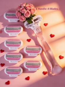 1个手柄+8个刀片/女士比基尼手动剃毛器，不锈钢三层可替换刀片，粉色剃毛头，沙龙、美容、旅行必备护发产品及配件，情人节礼物 - 粉色 - 查看 1