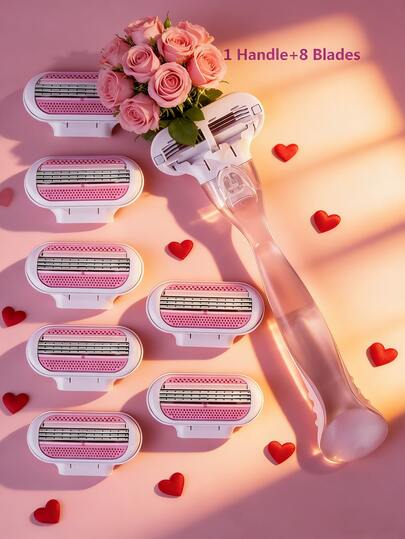 1 mango + 8 cuchillas/Afeitadora manual de bikini para mujeres, cuchillas reemplazables de acero inoxidable de 3 capas, cabezal de afeitadora rosa, producto y accesorio de cuidado del cabello esencial para salón, belleza y viaje, regalo del Día de San Valentín