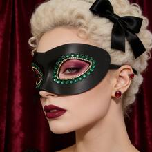 1pc Women's Halloween Carnival Music Festival Wedding Party Rhinestone Leather Mask - Black - View 1