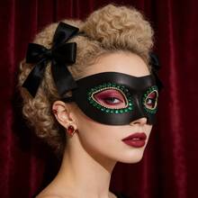 1pc Women's Halloween Carnival Music Festival Wedding Party Rhinestone Leather Mask - Black - View 2
