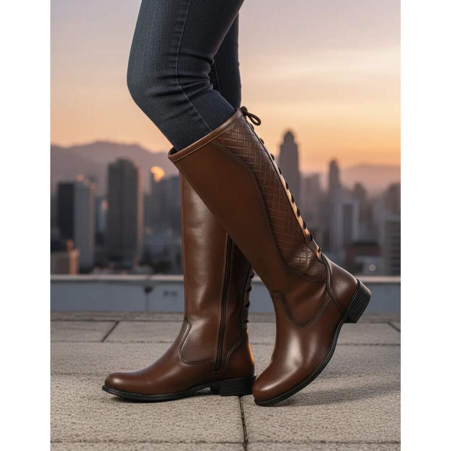 Elegant Women's Riding Boot, High Shaft, Lace-Up, Side Zipper, Soft And Comfortable, New Winter Collection - Rust Brown - View 1