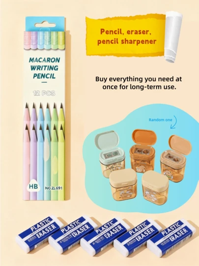12pcs Pencil Basic Set: Pre-Sharpened Pencils, 5 Erasers, 1 Pencil Sharpener, Suitable For School And Office