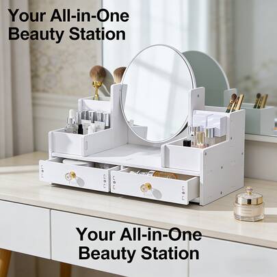 1 hộp đựng đồ trang điểm hình oval có gương, hộp sắp xếp mỹ phẩm, vật dụng cần thiết cho bàn trang điểm.