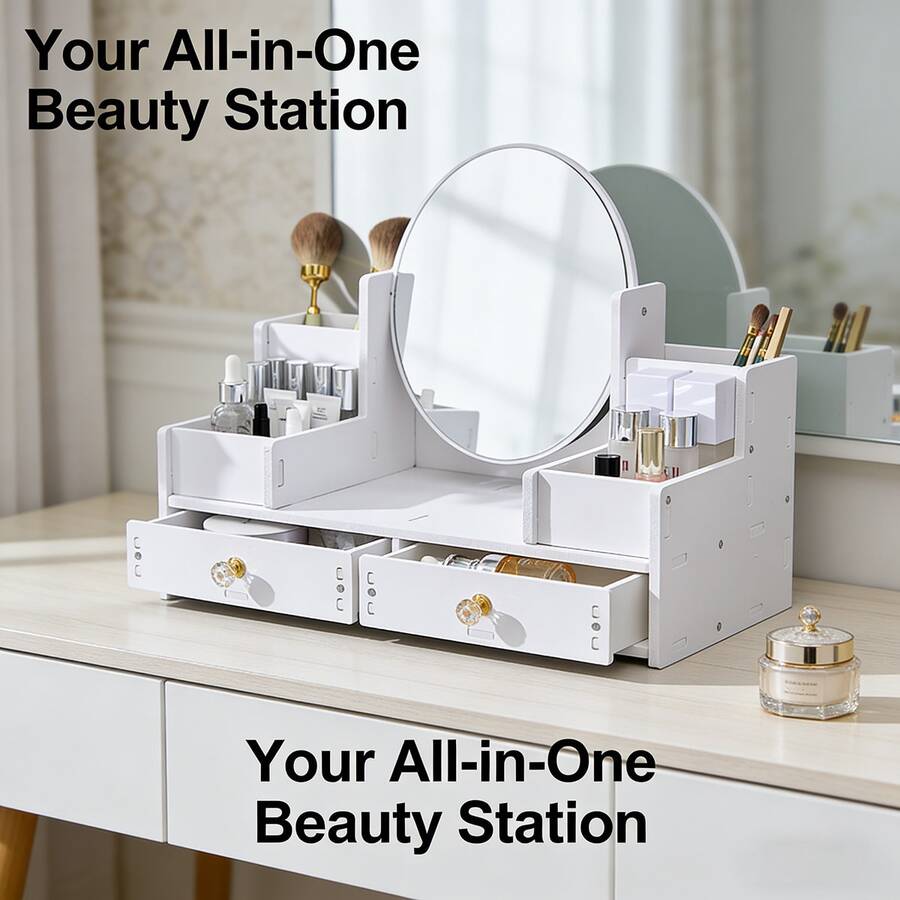 1个椭圆形镜面化妆收纳盒，化妆品整理盒，梳妆台必备 - 雙抽橢圓 - 查看 1