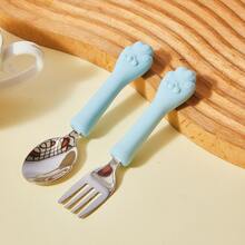 1 Set Of 2 Cat Paw Shaped Silicone & Stainless Steel Fork & Spoon Set, Baby Self-Feeding Training Cutlery, Children Tableware Spoon - Multicolor - View 13