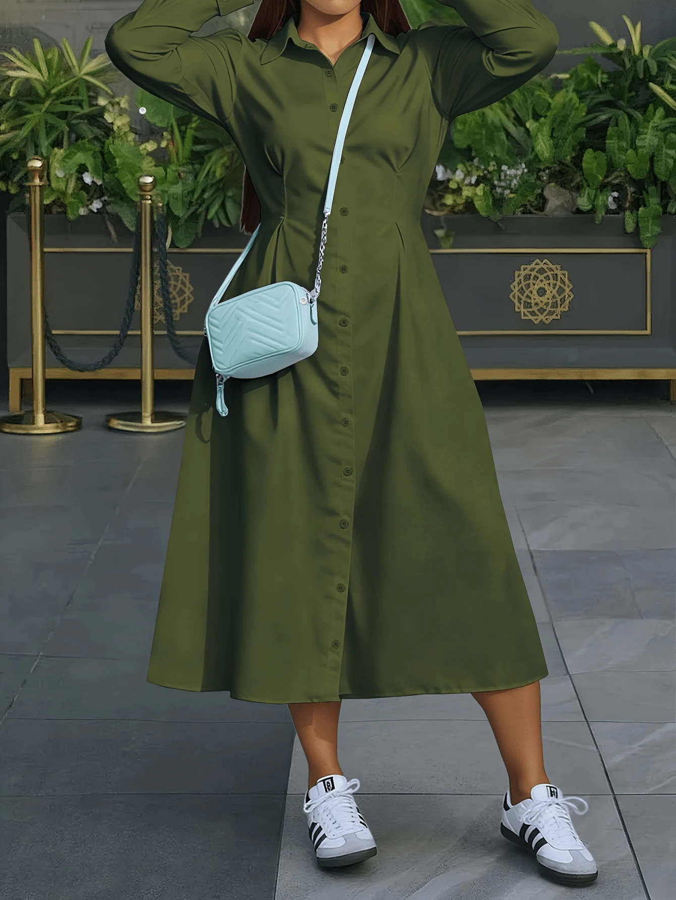 MOOD WOOD Plus Size Women's Fall/Winter New Year Collection Fitted Collared Shirt Dress Mid-Length Elegant White Single-Button Long Sleeve A-Line Skirt Casual Commuter Style - 綠色 - 查看 1