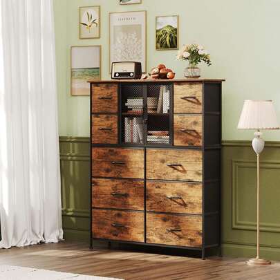 Cajonera de Tela Estilo Industrial con 10 Cajones, Organizador de Ropa con Vitrina para Sala y Dormitorio