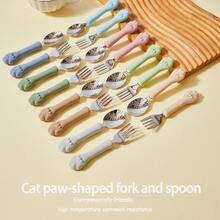 1 Set Of 2 Cat Paw Shaped Silicone & Stainless Steel Fork & Spoon Set, Baby Self-Feeding Training Cutlery, Children Tableware Spoon - Multicolor - View 1
