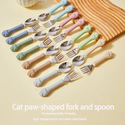 1 Set Of 2 Cat Paw Shaped Silicone & Stainless Steel Fork & Spoon Set, Baby Self-Feeding Training Cutlery, Children Tableware Spoon