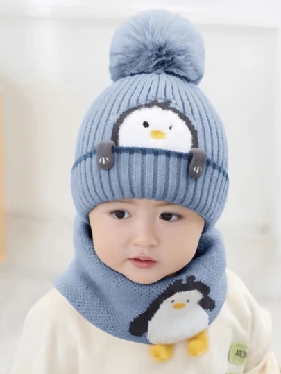 2件套企鹅儿童保暖内衬针织帽围巾套装，保暖婴儿冬季针织帽