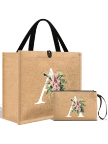 1个简约字母印花亚麻手提袋，情人节女友礼物，多功能便携亚麻手提袋，适合教师节、教师节、女士等场合，字母印花手提袋，化妆包，精美旅行沙滩包，可重复使用的购物袋，适合婚礼、生日、海滩、假日等场合。 - 彩色 - 查看 33