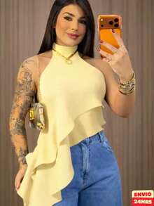 Women's Boho Chic Blouse With Asymmetrical Ruffle, Sophisticated High Neck And Modern Design. Tank Top With Layered Ruffles That Create Movement And Charm. Versatile Style That Combines Perfectly With Jeans, Tailored Trousers, Shorts Or Skirts. Perfect For Casual, Urban Or More Refined Looks. Boho Style Blouse With A Fashionable And Feminine Touch, Ideal For Outings, Work, Informal Events, Dinners Or Special Dates. A Timeless Piece That Combines Comfort, Beauty And Practicality. - 黃色 - 查看 1