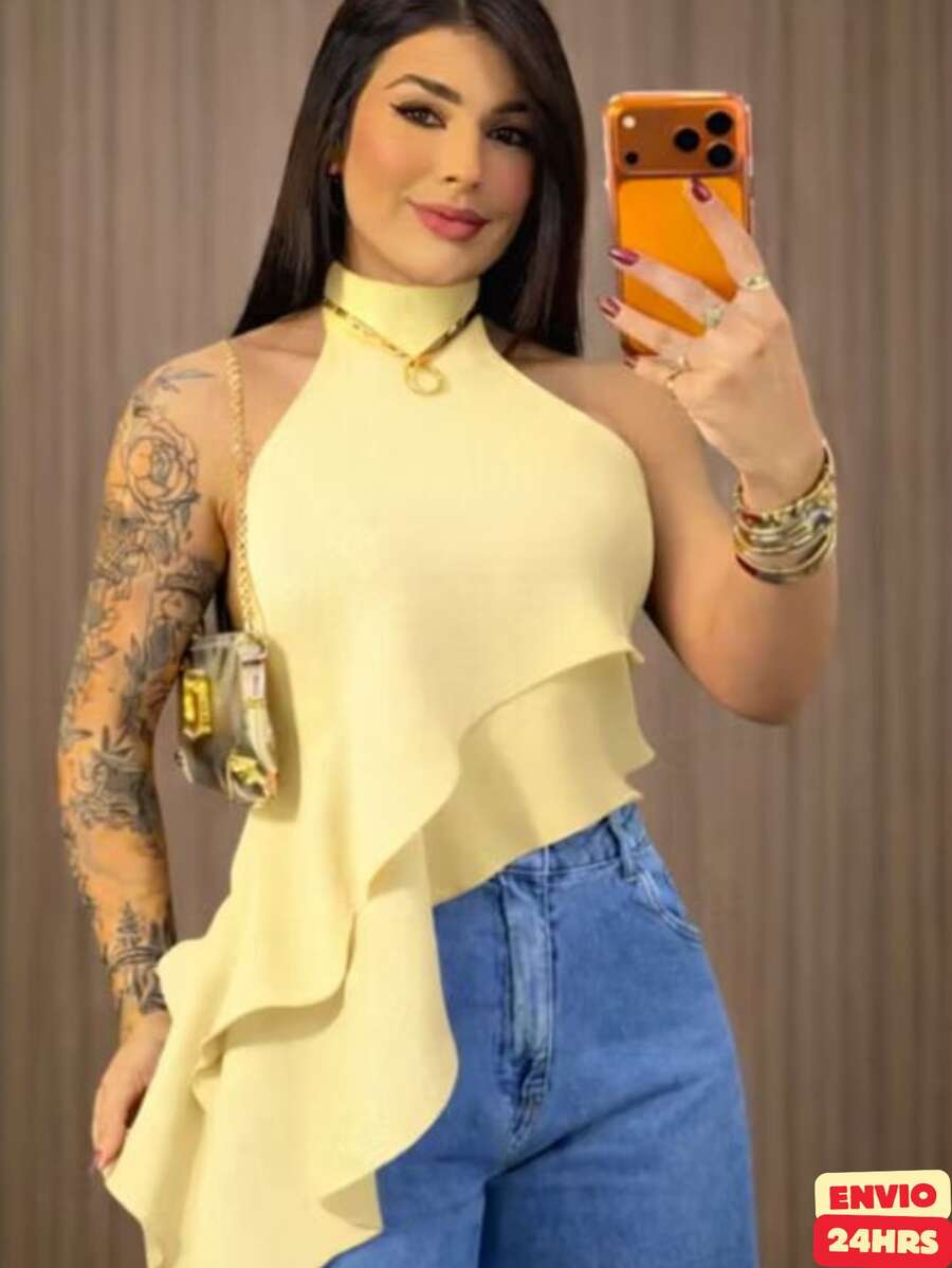 Women's Boho Chic Blouse With Asymmetrical Ruffle, Sophisticated High Neck And Modern Design. Tank Top With Layered Ruffles That Create Movement And Charm. Versatile Style That Combines Perfectly With Jeans, Tailored Trousers, Shorts Or Skirts. Perfect For Casual, Urban Or More Refined Looks. Boho Style Blouse With A Fashionable And Feminine Touch, Ideal For Outings, Work, Informal Events, Dinners Or Special Dates. A Timeless Piece That Combines Comfort, Beauty And Practicality. - 黃色 - 查看 1
