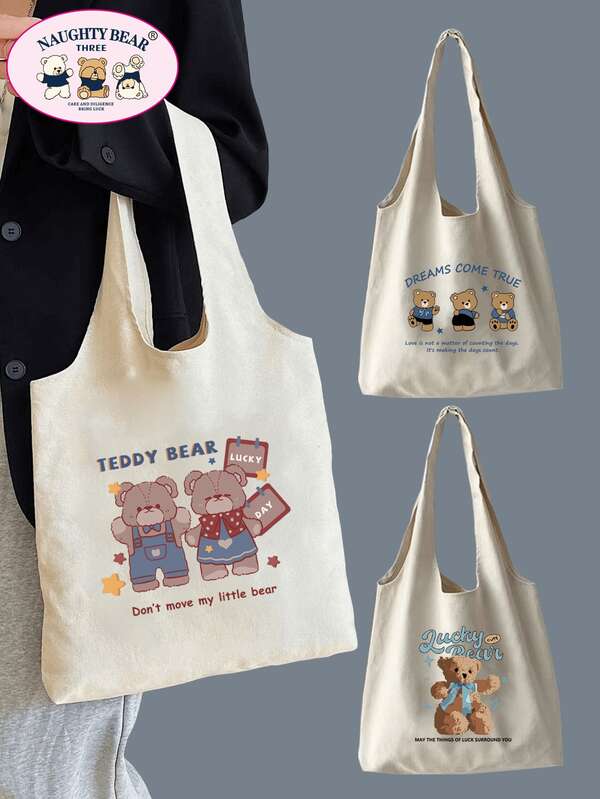 1pc Beige Fashionable Bear Print Canvas Tote Bag, Casual Shopping Bag