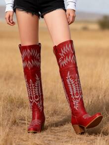 Fashion Cowgirl Outfits For Women Boots Knee High Pointed Toe Chunky Heel Combat Boots Retro Luxury Embroidery Country Concert Jaripeo Festival Shoes - Đỏ (2) - Xem 8