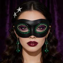 1pc Women's Halloween Carnival Music Festival Wedding Party Rhinestone Leather Mask - Black - View 3