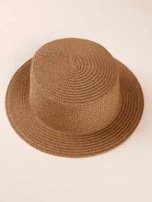 简约草帽，跨境草编遮阳帽，时尚防紫外线平顶小礼帽，男女童皆宜，沙滩帽 - 1PC - 查看 4