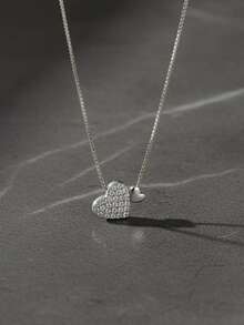 1pc Fashionable Minimalist Heart Shaped Glass Rhinestone Pendant Necklace, Suitable For Daily, Casual, Commute, Date Wear, Valentine's Day Gift, Birthday Gift, Mother's Day Gift - Silver - View 3